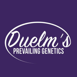 Duelm's Prevailing Genetics. Purple and White logo.